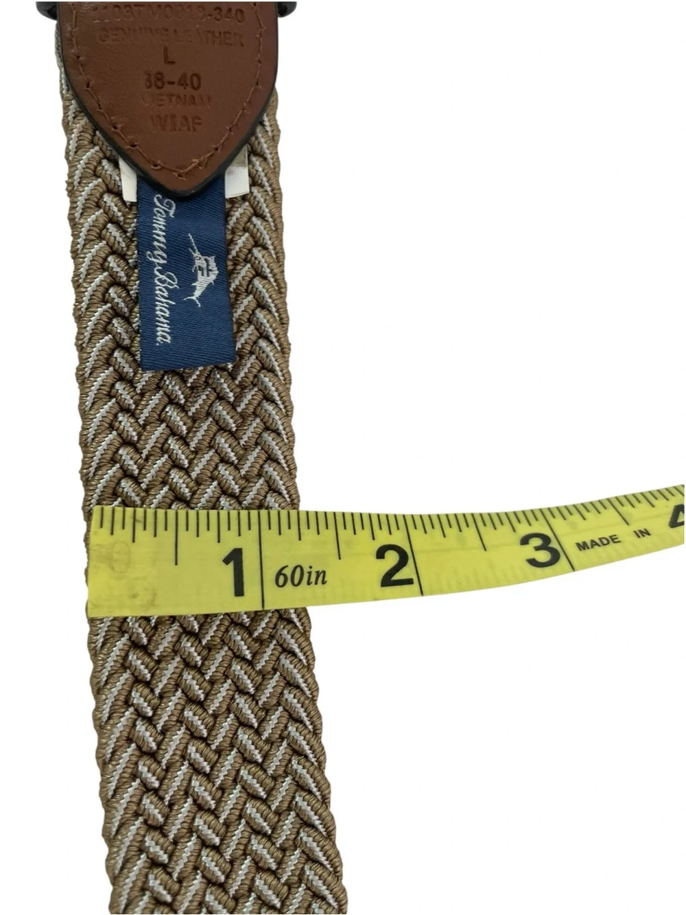 Tommy Bahama Mens Stretch 2-Tone Web Braid Belt Khaki Leather Trim Sz L 38-40  A